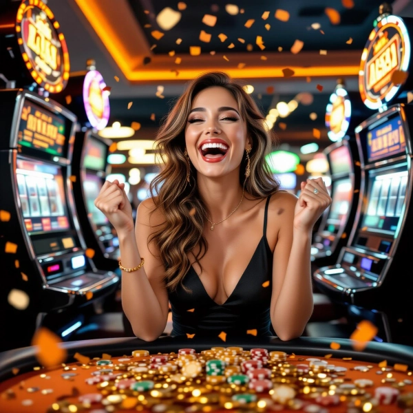 Happy girl with winnings at Hellspin Casino
